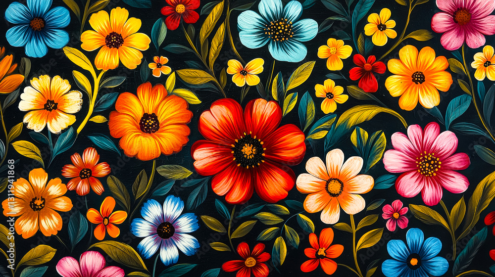 Poster vibrant flowers in assorted colors and shapes are arranged densely against a contrasting dark backgr