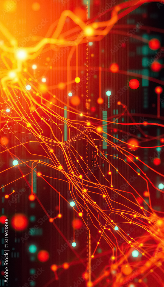 Poster Vibrant network illustration with flowing lines and glowing nodes symbolizing connectivity and data