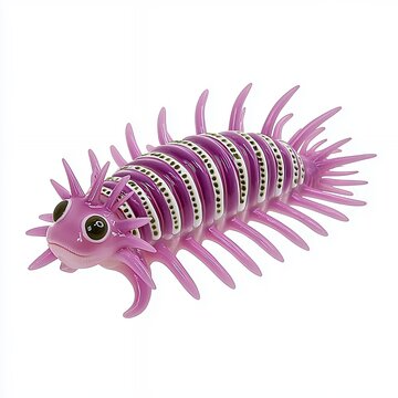 Purple Glass Sculpture of Segmented Worm with Spines on White Background