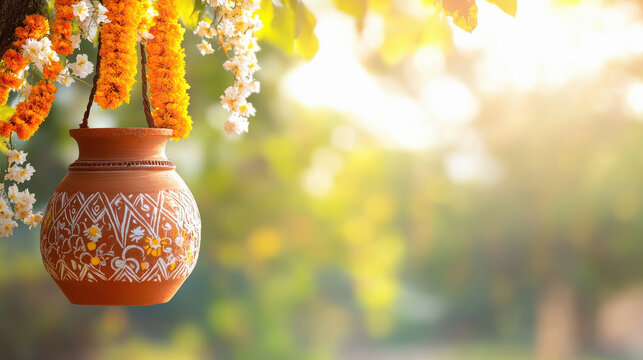 festive Indian scene featuring a brightly colored earthen pot (dahi handi) decorated with traditional patterns, hanging from a tree.