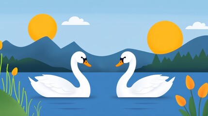 Obraz premium Serene Swans Floating on a Calm Lake Surrounded by Nature