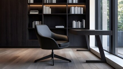 Fototapeta premium Chair and desk in a room with a bookcase and a window, showcasing workspace and interior design themes