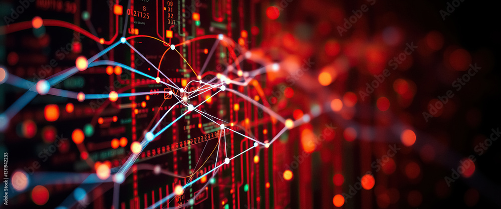 Poster Abstract representation of interconnected data points and lines forming complex network visualization