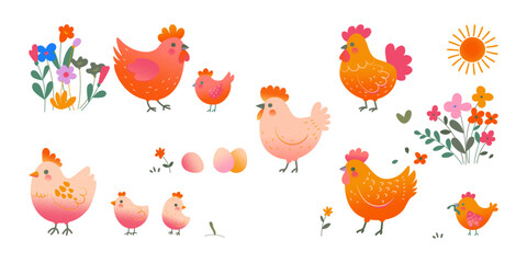Collection of hen and chicks isolated on white background. Bundle of cute lovely family of domestic fowl or poultry birds. Childish flat cartoon vector easter inspired.