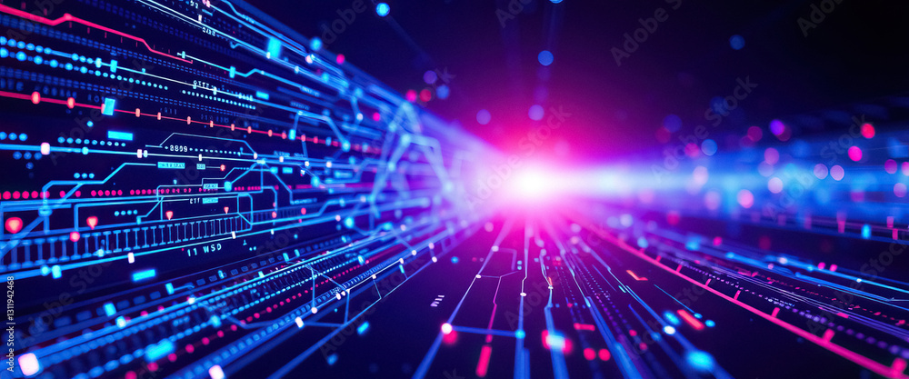 Poster Abstract digital network with circuit board style data streams glowing modern technology