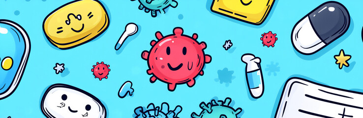 Obraz premium a blue background with multiple individual cartoonish virus cells in the f