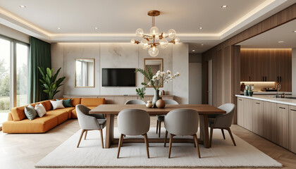 Stylish open-concept dining area with modern decor, inviting ambiance