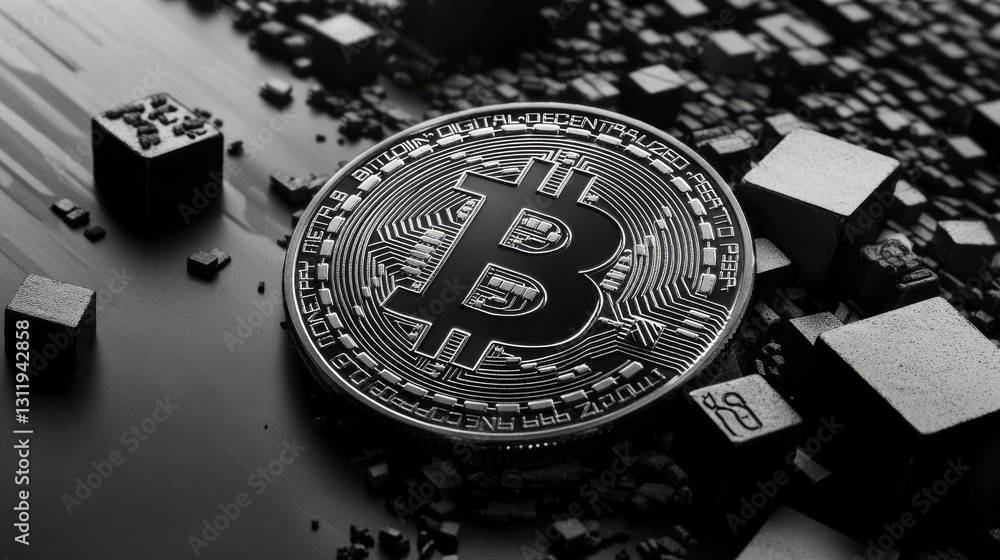 Poster a close-up of a black bitcoin coin with intricate details, surrounded by fragmented abstract shapes,