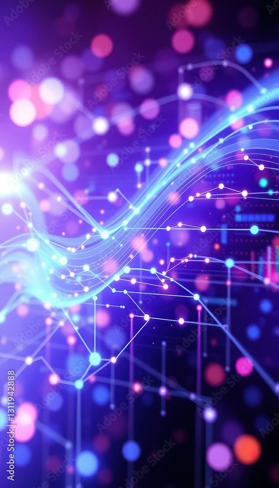 Aufkleber Abstract network of glowing dots and lines connecting on purple and pink bokeh background