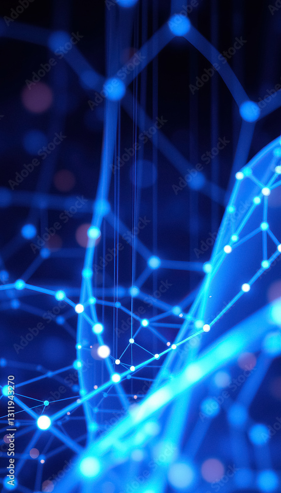 Poster futuristic representation of connected blue dots and lines suggesting network technology