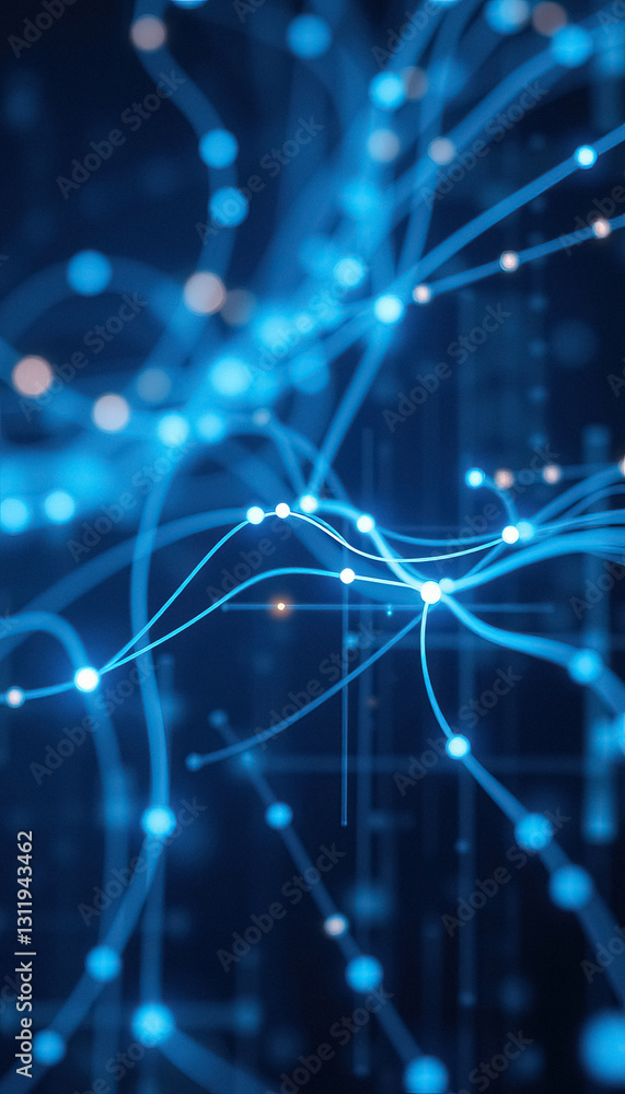 Poster abstract representation of network connections with glowing nodes on dark blue background