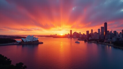Fototapeta premium Sydney skyline in background, A panoramic sunset with Sydney's skyline glowing in fiery tones under dreamy clouds calm reflections included