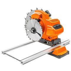 Naklejka premium Orange Electric Circular Saw: A powerful orange electric circular saw with a sharp blade and a track system, ready for a variety of woodworking tasks. Precision, durability.