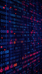 Abstract digital display featuring various numbers and symbols with blue and red highlights