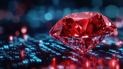 Close Up Of A Brilliant Cut Red Gem On A Dark Reflective Surface With Glittering Lights and Sparkle