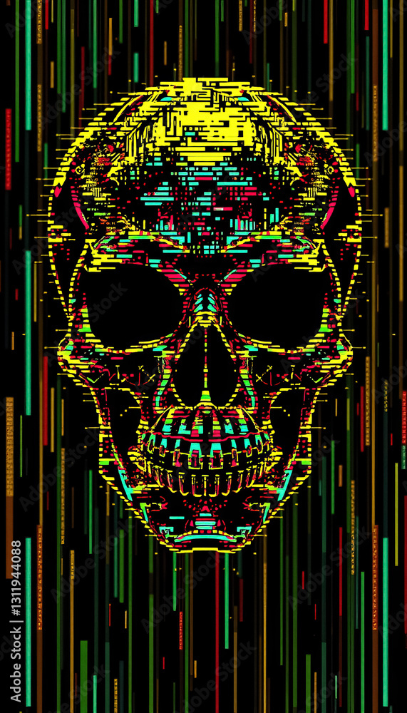 Poster abstract digital skull with vibrant glitching neon elements against dark vertical line backdrop