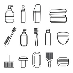 Line art of toiletries: Shampoo, toothbrush, soap, towels and more