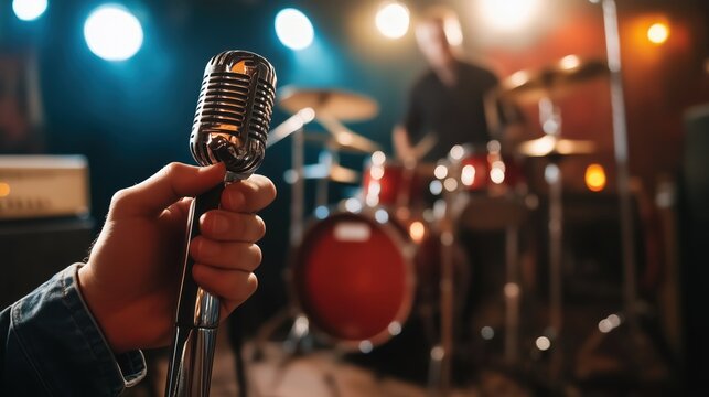 A musician’s hand holding a microphone with an electric guitar and drum set in the background
