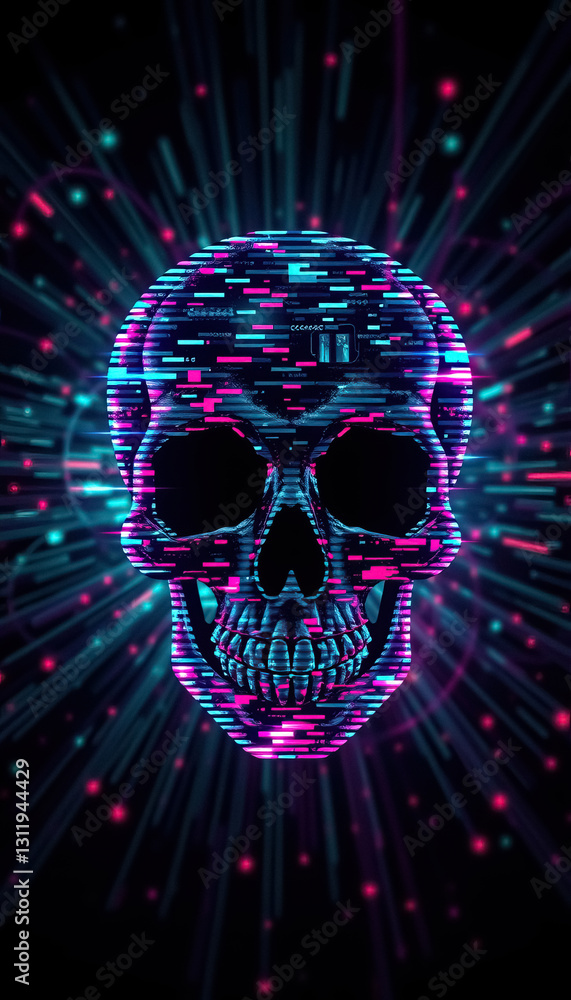 Leinwandbilder futuristic skull digital render with neon lines and data stream effects on dark background