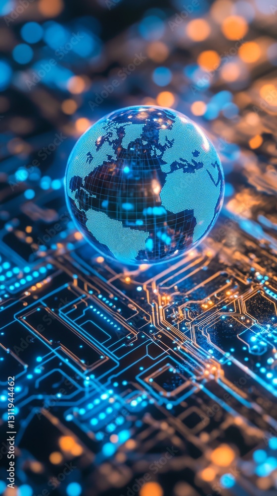 Poster a glowing 3d digital globe with vibrant blue and orange lights represents global connectivity and ad