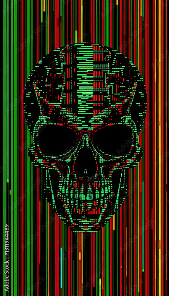 Poster abstract digital skull with vibrant red and green vertical lines modern edgy concept