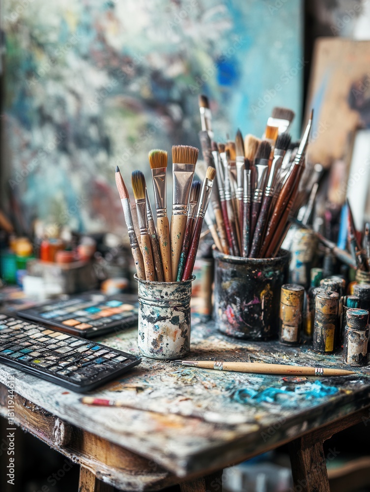 Poster creative workspace filled with various artistic tools and supplies on a cluttered table in vibrant a