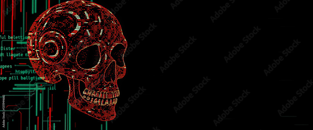 Leinwandbilder digital skull with red and white data points set against black background with data streams