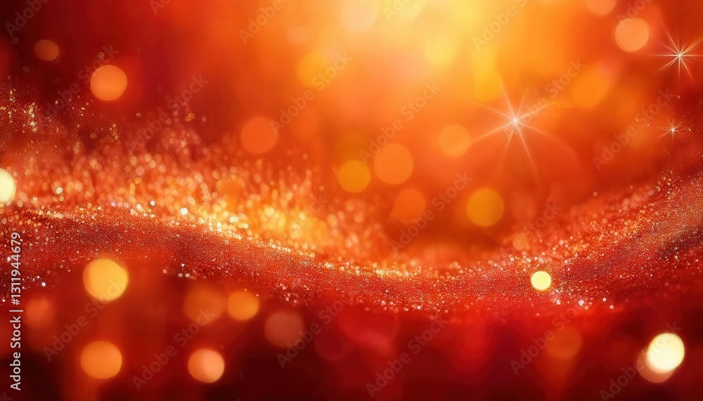 Poster shimmering golden red abstract bokeh background with glowing particles, blurred festive light effect for luxury design

