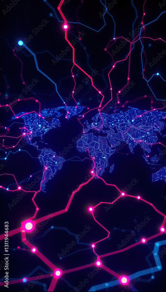 Poster Global connections represented with world map overlaid with interconnected networks in neon hues