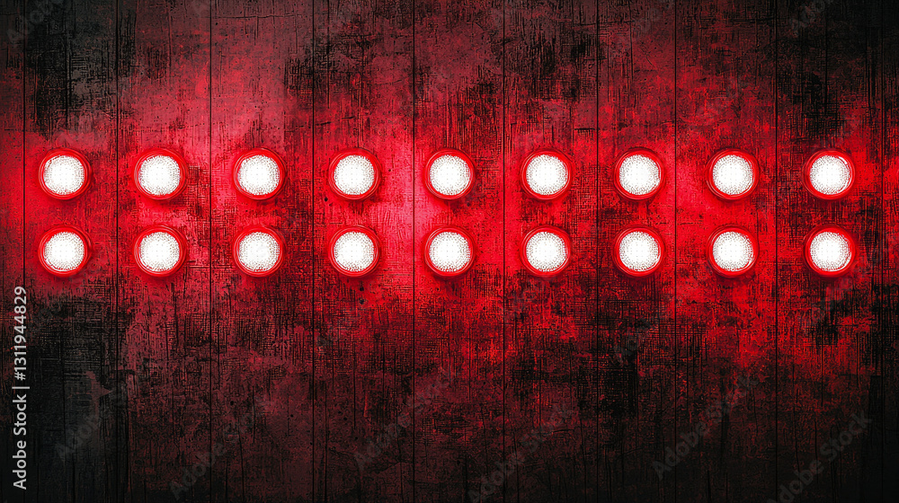 Poster a series of bright red lights shine against a rustic, worn wooden background, creating a vibrant atm