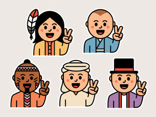 Diverse drawn characters in traditional attire displaying peace signs