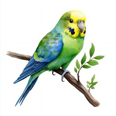 Fototapeta premium Watercolor Painting of a Green and Blue Budgie on a Branch