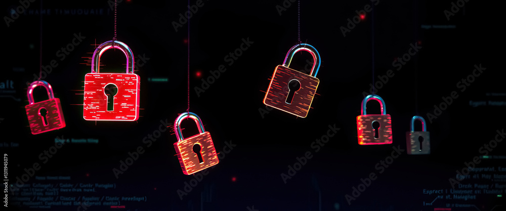 Poster Digital padlocks symbolizing data security hanging against background of computer code