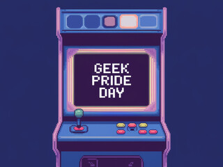 Retro gaming arcade machine celebrating geek pride day with pixel art design