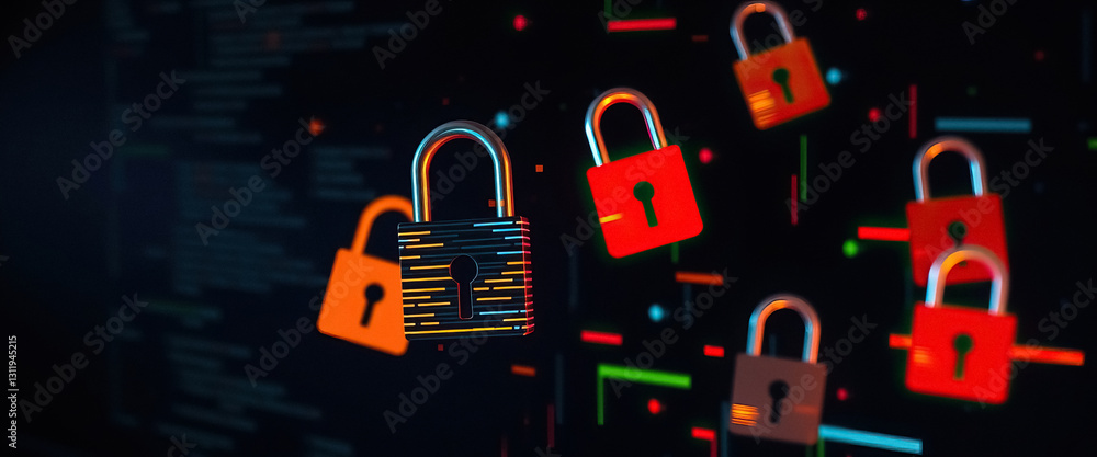 Poster cybersecurity protection locks hovering over dark background symbolize digital data defense
