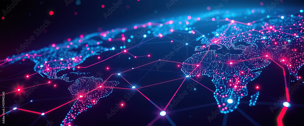 Leinwandbilder Global network visualization with interconnected nodes forming digital world map abstract tech