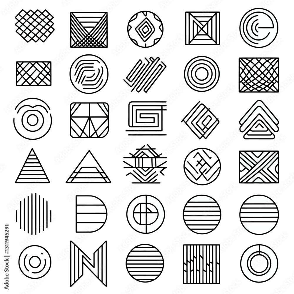 Aufkleber geometric shapes and line art icons forming a minimalist pattern grid