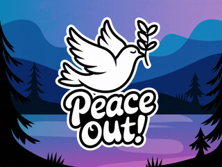 Obraz premium Peace out design with dove and olive branch over serene lakeside evening background