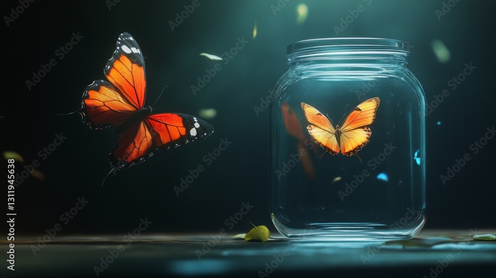 Poster a dramatic scene featuring a glowing mason jar with a monarch butterfly inside, surrounded by anothe