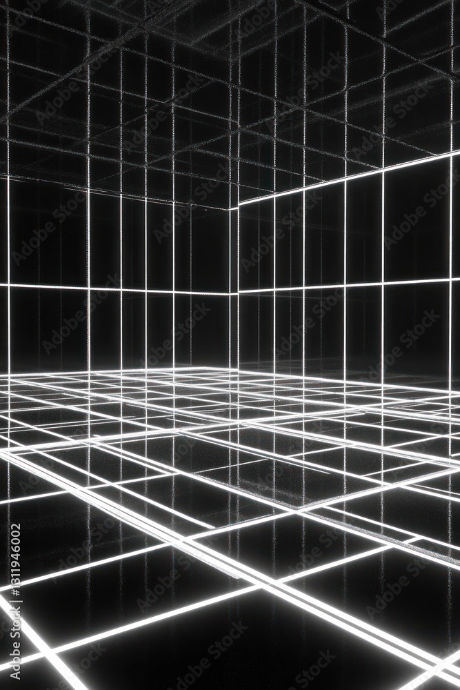 Poster abstract grid pattern in a dark space with glowing lines