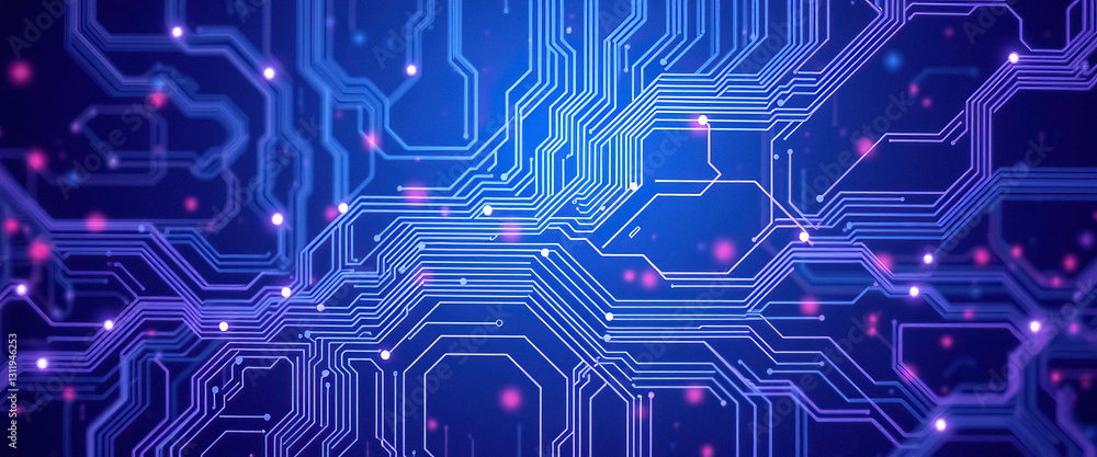 Aufkleber Abstract digital network with interconnected circuits nodes and data flow in blue