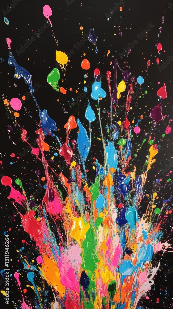 Poster dynamic burst of vibrant paint streaks and splashes on a black canvas. the energetic and bold compos