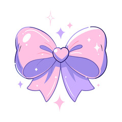 Minimalist vector illustration of a shiny pastel bow with a heart center and sparkles, symbolizing charm, femininity, and decorative accessories. Cute and elegant design.