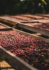 Fototapeta premium Sun-drying freshly harvested coffee cherries on wooden trays outdoors