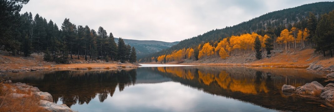 Serene mountain lake reflects autumn colors in a panoramic bird's eye view toward the horizon captured with advanced aerial photography techniques