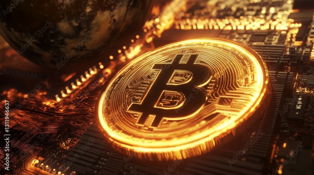 Poster close-up of a glowing golden bitcoin coin resting on a detailed circuit board with the earth partial