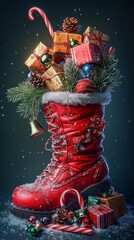 A vibrant red boot brimming with Christmas gifts, candy canes, ornaments, pine cones, and festive greenery, creating a whimsical holiday atmosphere perfect for seasonal designs.. AI Generation
