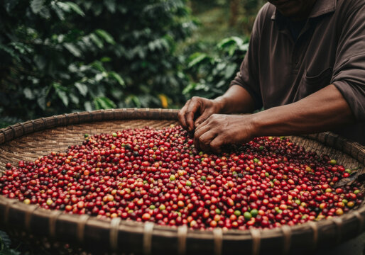 Indonesian farmer sorting coffee cherries in a large woven basket.