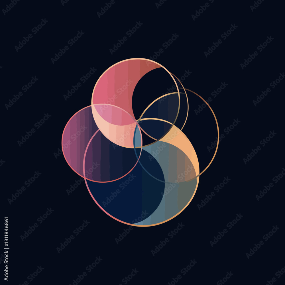 Poster intersecting circles abstract design with gradient colors on dark background