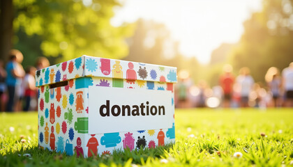 Colorful donation box at charity event under sunny sky, community support